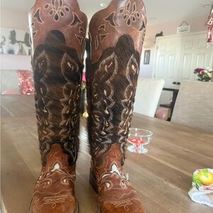Lacy hair on hide Brown and Black Western Cowboy Boots
